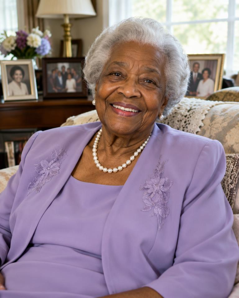 Grandma Ruth Mae Johnson smiling in a lavender dress and pearls