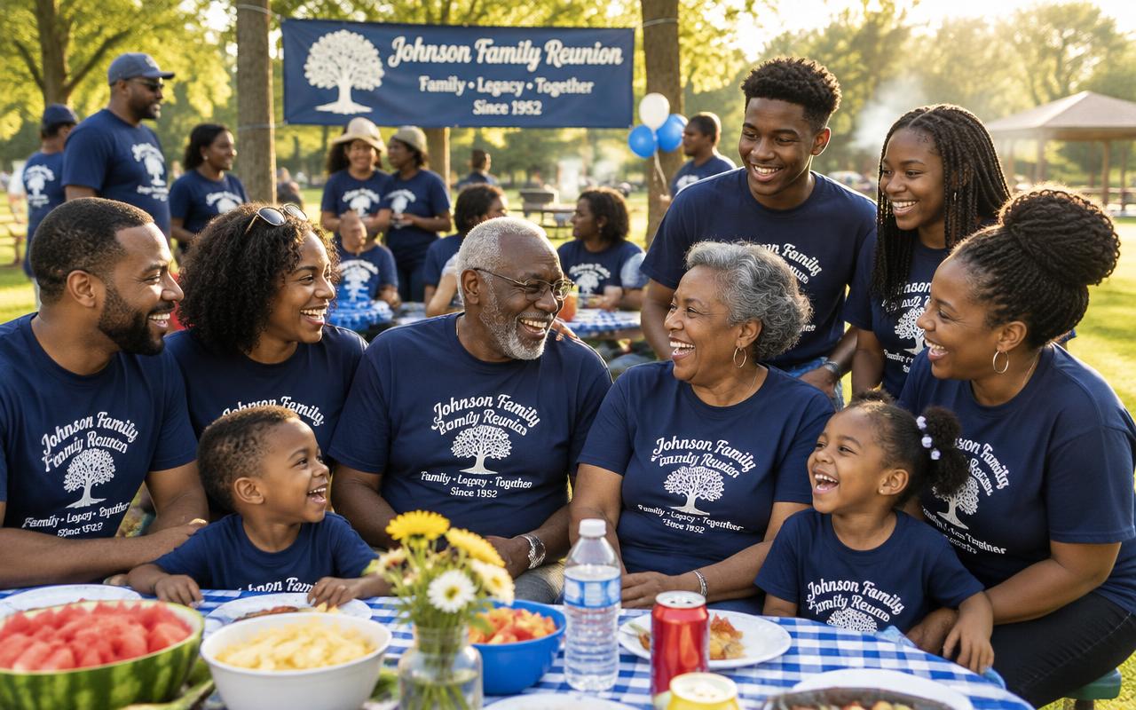 The Johnson family laughing together at a reunion picnic